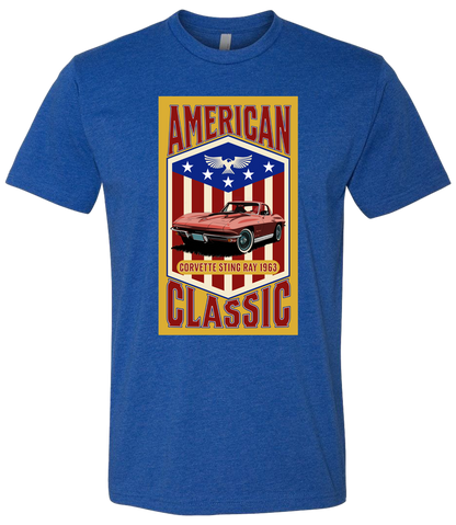 A royal t-shirt with a yellow background featuring a graphic of a red corvette car and the text 'American Classic' along with a patriotic-themed emblem.