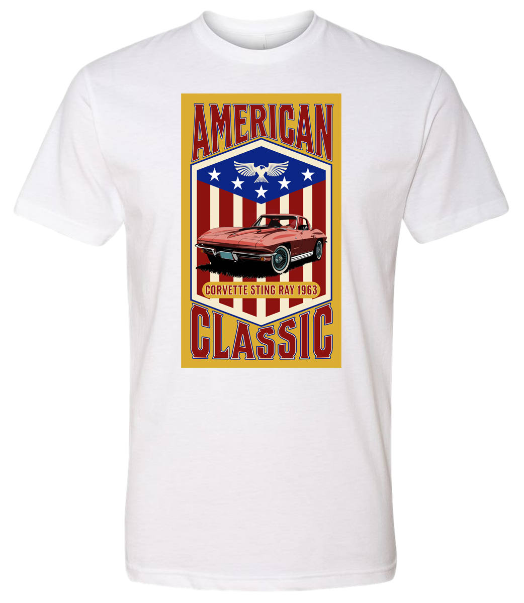 A white t-shirt with a yellow background featuring a graphic of a red corvette car and the text 'American Classic' along with a patriotic-themed emblem.
