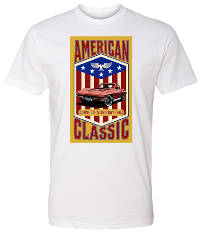 A white t-shirt with a yellow background featuring a graphic of a red corvette car and the text 'American Classic' along with a patriotic-themed emblem.