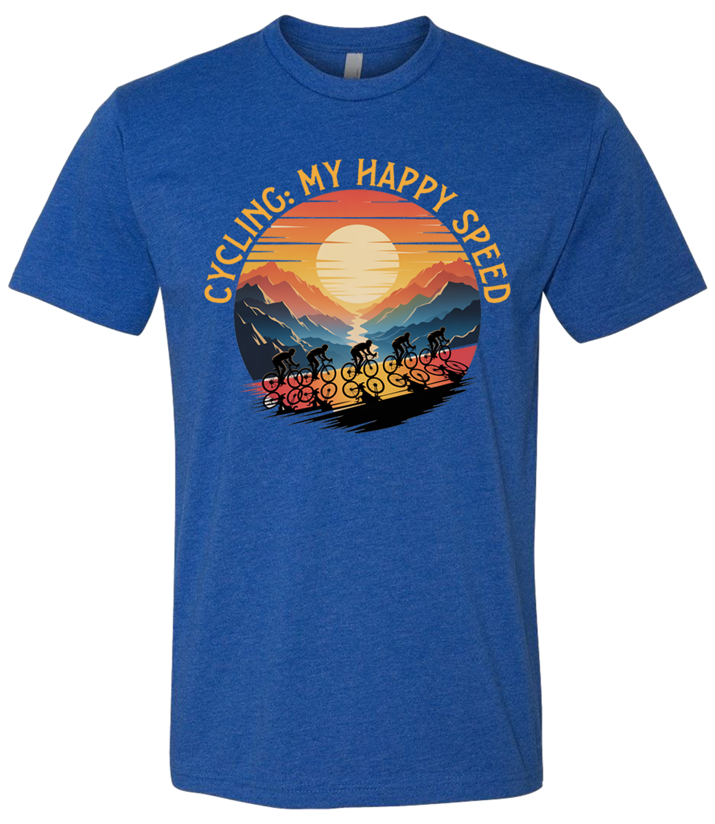 Blue t-shirt with a sunset and bicycle graphic and 'Cycling is my happy speed' .