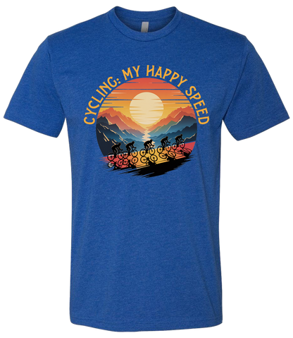 Blue t-shirt with a sunset and bicycle graphic and 'Cycling is my happy speed' .
