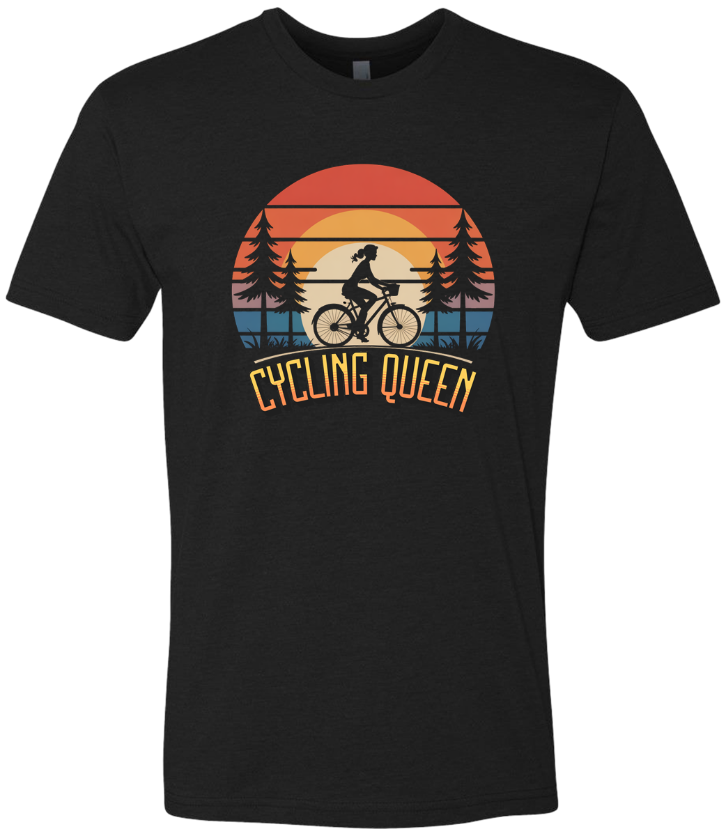 Black t-shirt with 'Cycling Queen' graphic design featuring a sunset and bicycle