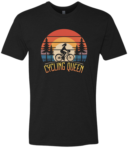 Black t-shirt with 'Cycling Queen' graphic design featuring a sunset and bicycle