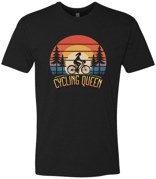 Black t-shirt with 'Cycling Queen' graphic design featuring a sunset and bicycle