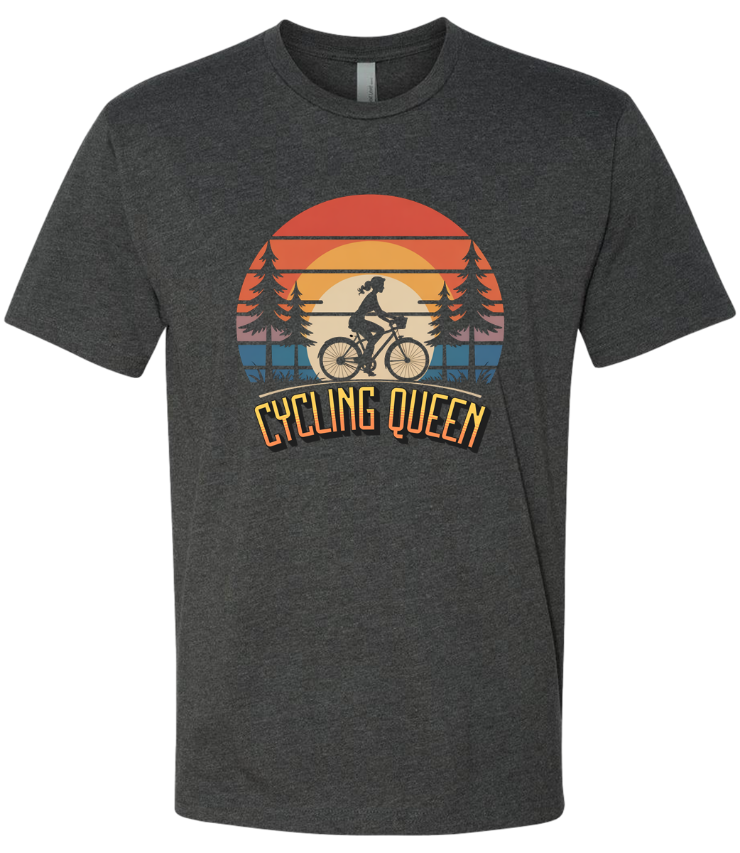Dark gray t-shirt with 'Cycling Queen' graphic design on a white background