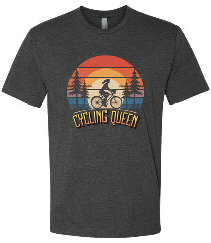 Dark gray t-shirt with 'Cycling Queen' graphic design on a white background