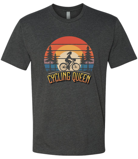 Dark gray t-shirt with 'Cycling Queen' graphic design on a white background