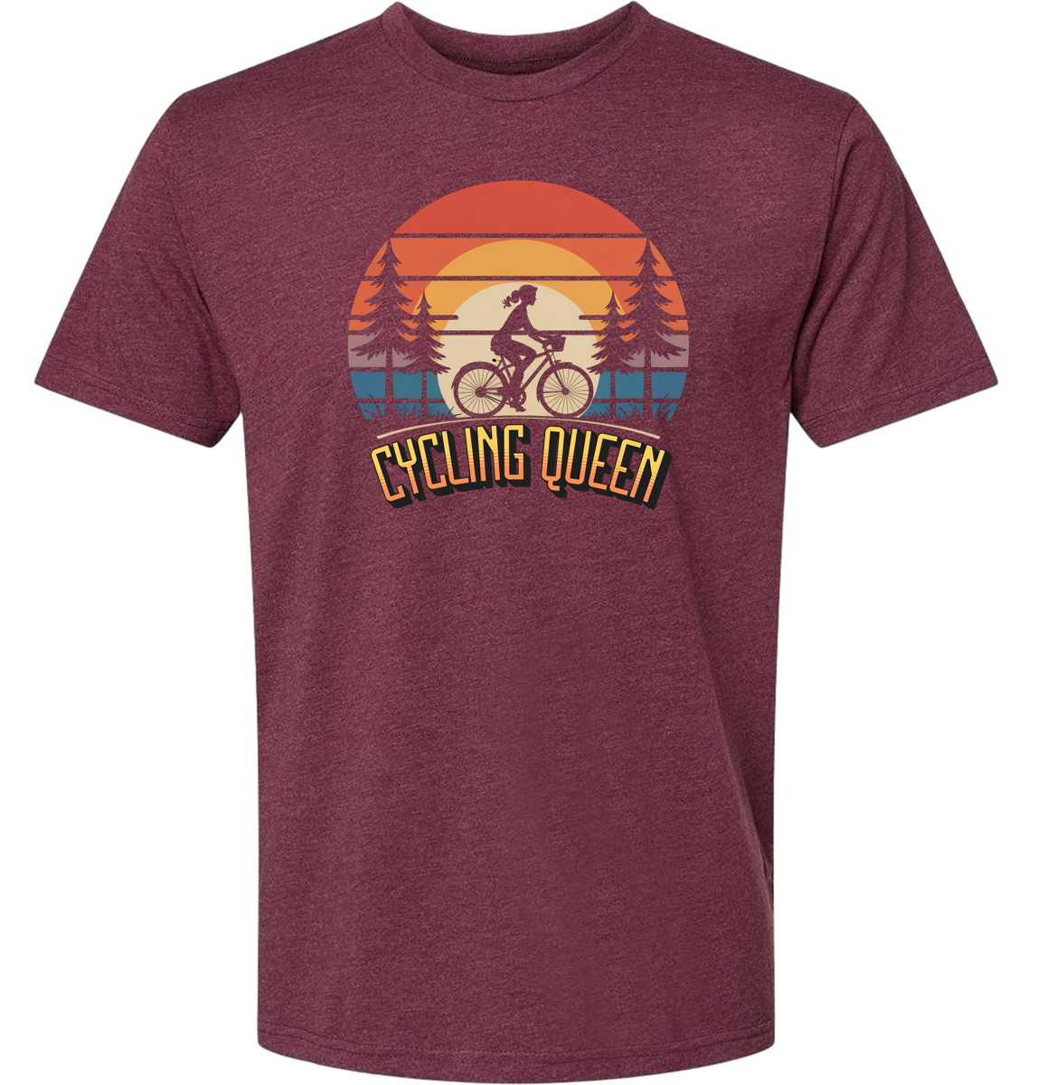Light blue t-shirt with 'Cycling Queen' graphic design with a retro sunset behind de graphic