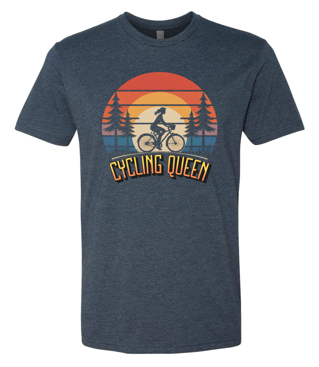 Light blue t-shirt with 'Cycling Queen' graphic design with a retro sunset behind de graphic
