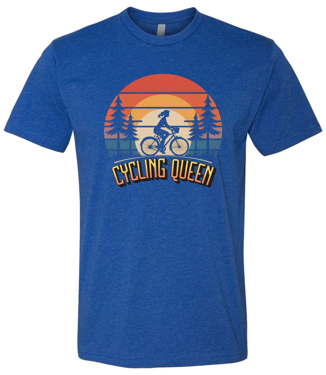 Light blue t-shirt with 'Cycling Queen' graphic design with a retro sunset behind de graphic