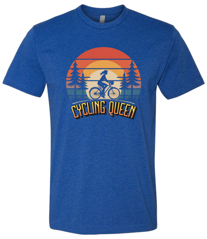 Light blue t-shirt with 'Cycling Queen' graphic design with a retro sunset behind de graphic