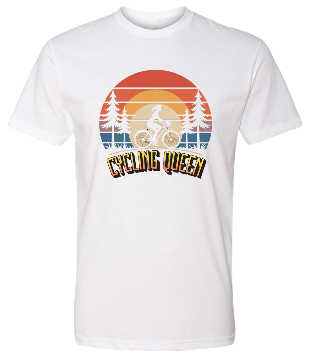 Light blue t-shirt with 'Cycling Queen' graphic design with a retro sunset behind de graphic
