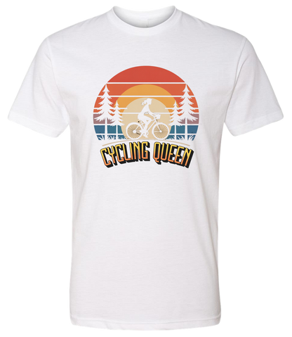 Light blue t-shirt with 'Cycling Queen' graphic design with a retro sunset behind de graphic