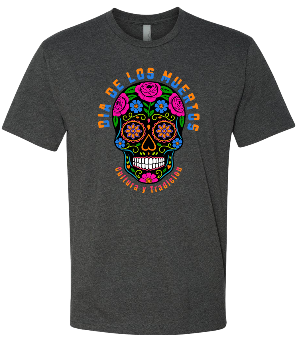 Dark gray t-shirt with a colorful skull design and text on a white background