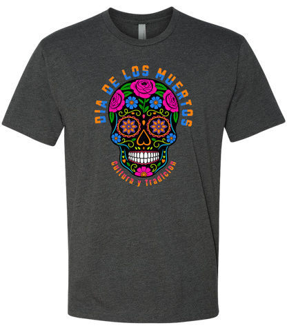 Dark gray t-shirt with a colorful skull design and text on a white background