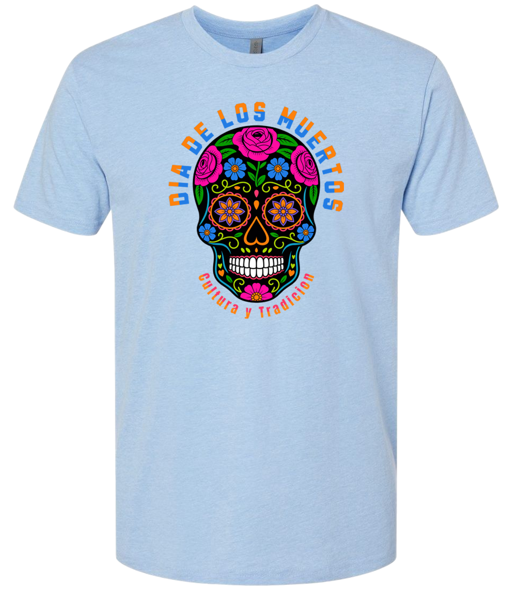 Light blue t-shirt with a colorful skull design and text on a white background