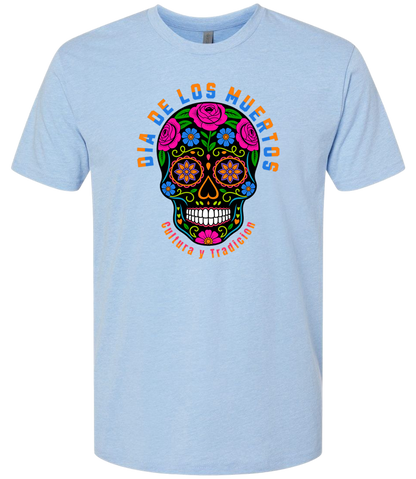 Light blue t-shirt with a colorful skull design and text on a white background