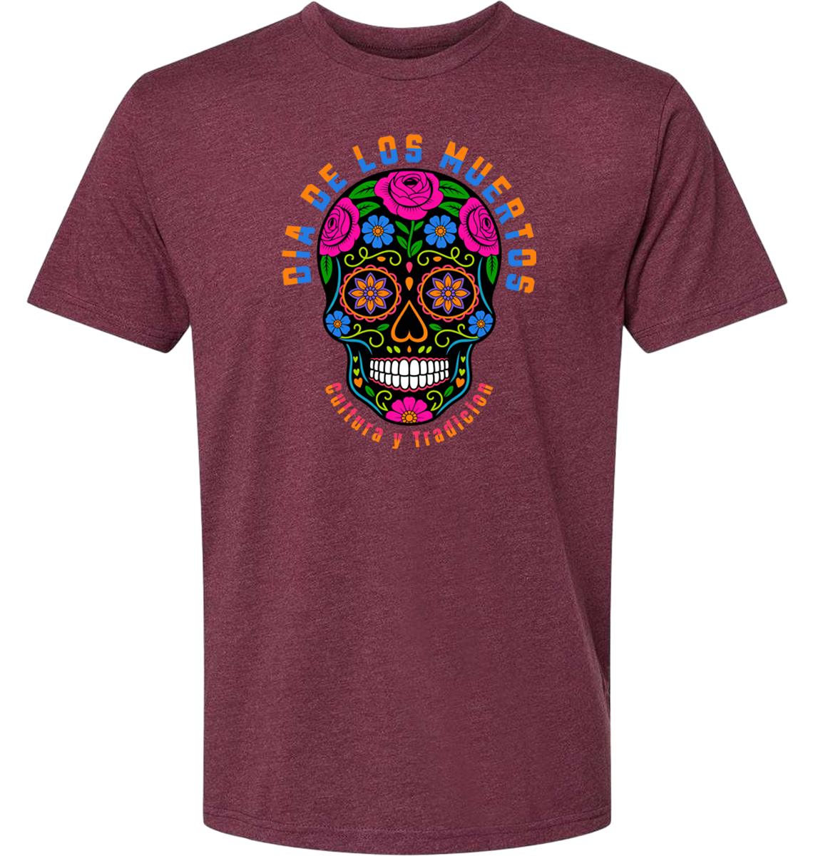 Maroon t-shirt with a colorful skull design and text on a white background