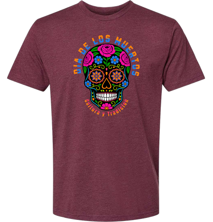 Maroon t-shirt with a colorful skull design and text on a white background