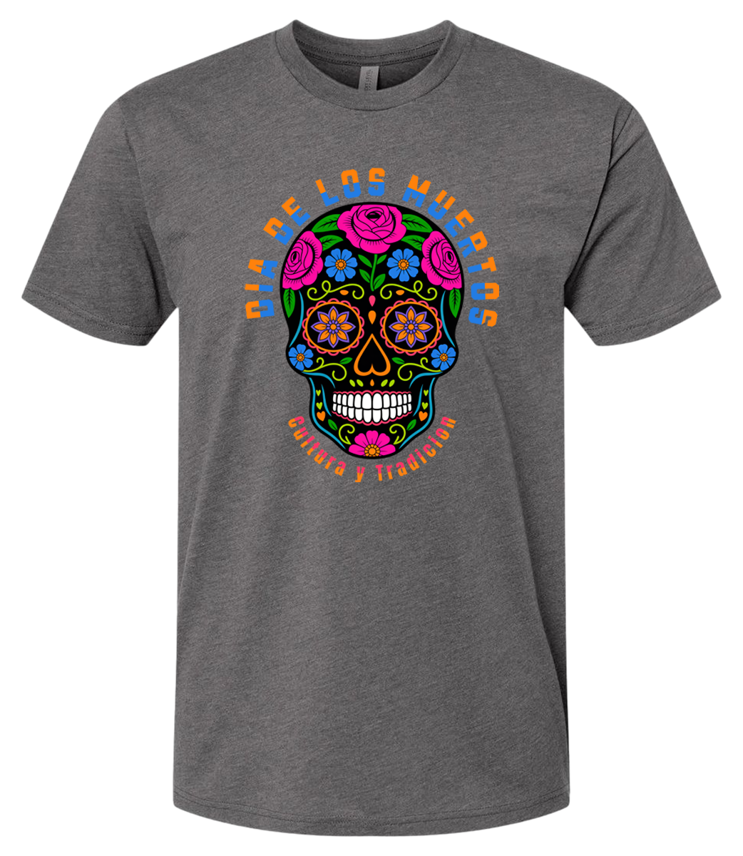 Gray t-shirt with a colorful skull design and text on a white background