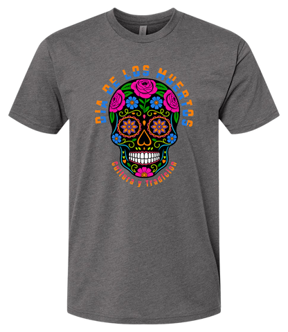 Gray t-shirt with a colorful skull design and text on a white background