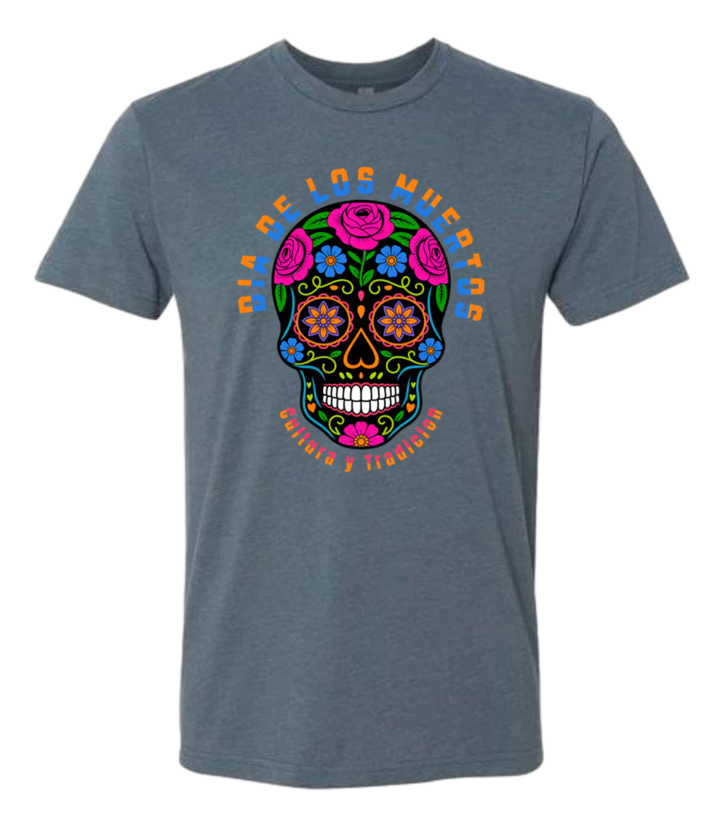 Gray t-shirt with a colorful sugar skull design on a white background