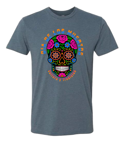 Gray t-shirt with a colorful sugar skull design on a white background