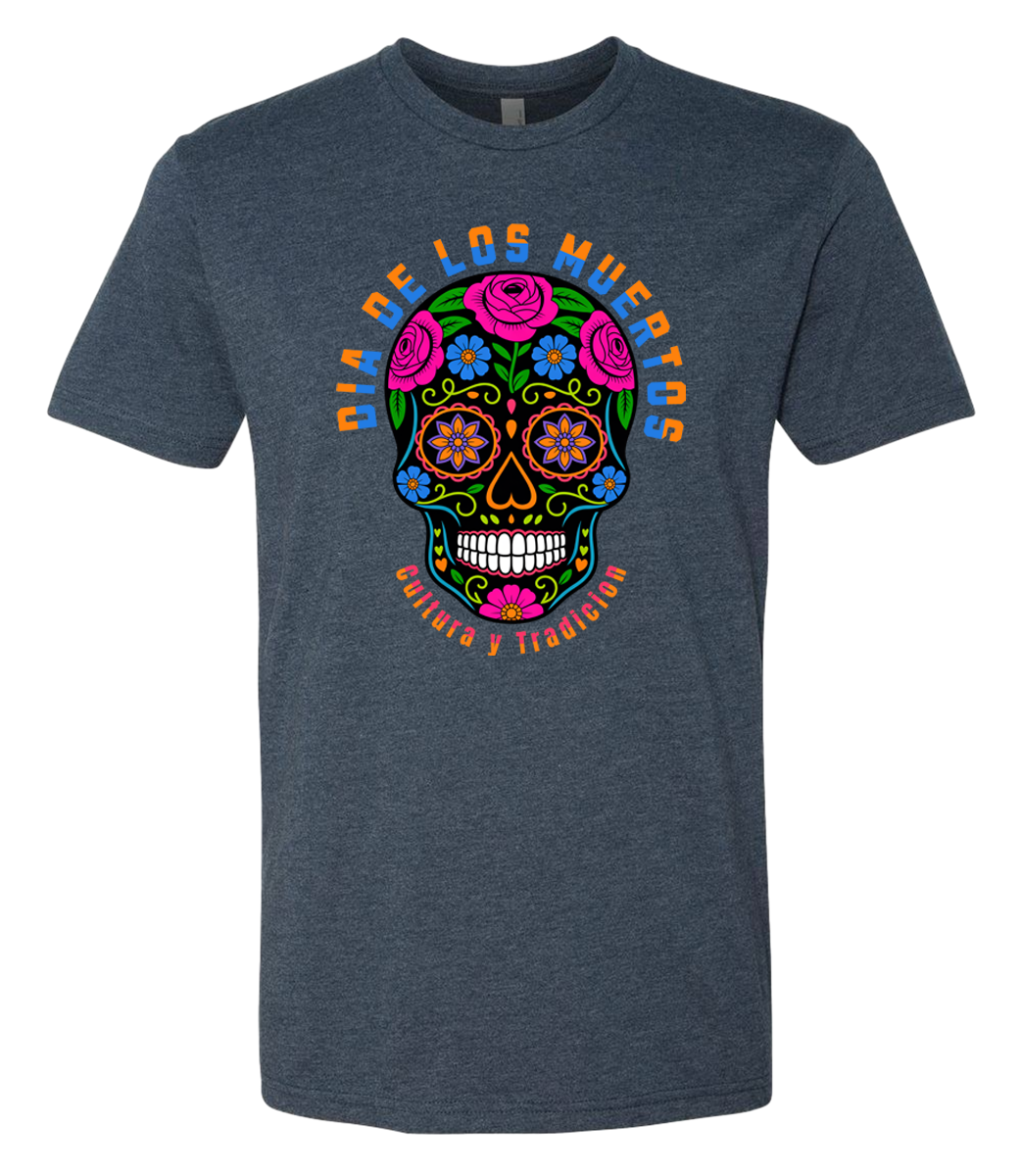 Navy blue t-shirt with a colorful skull design and text on a white background