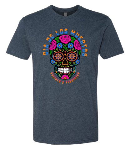 Navy blue t-shirt with a colorful skull design and text on a white background