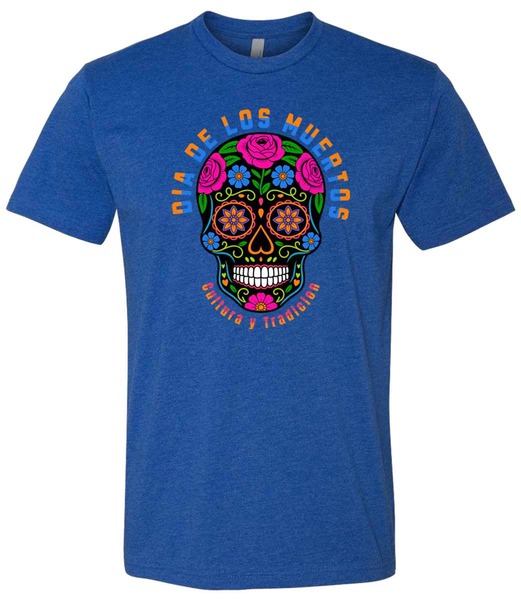 Blue t-shirt with a colorful sugar skull design on a white background