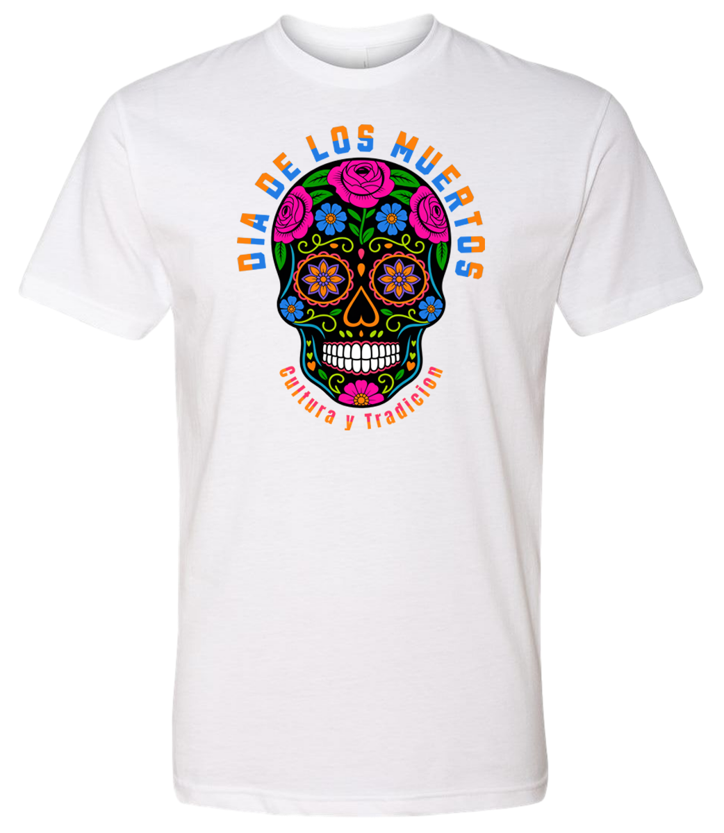 White t-shirt with a colorful skull design and text on a white background