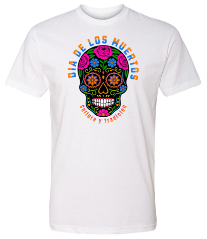 White t-shirt with a colorful skull design and text on a white background