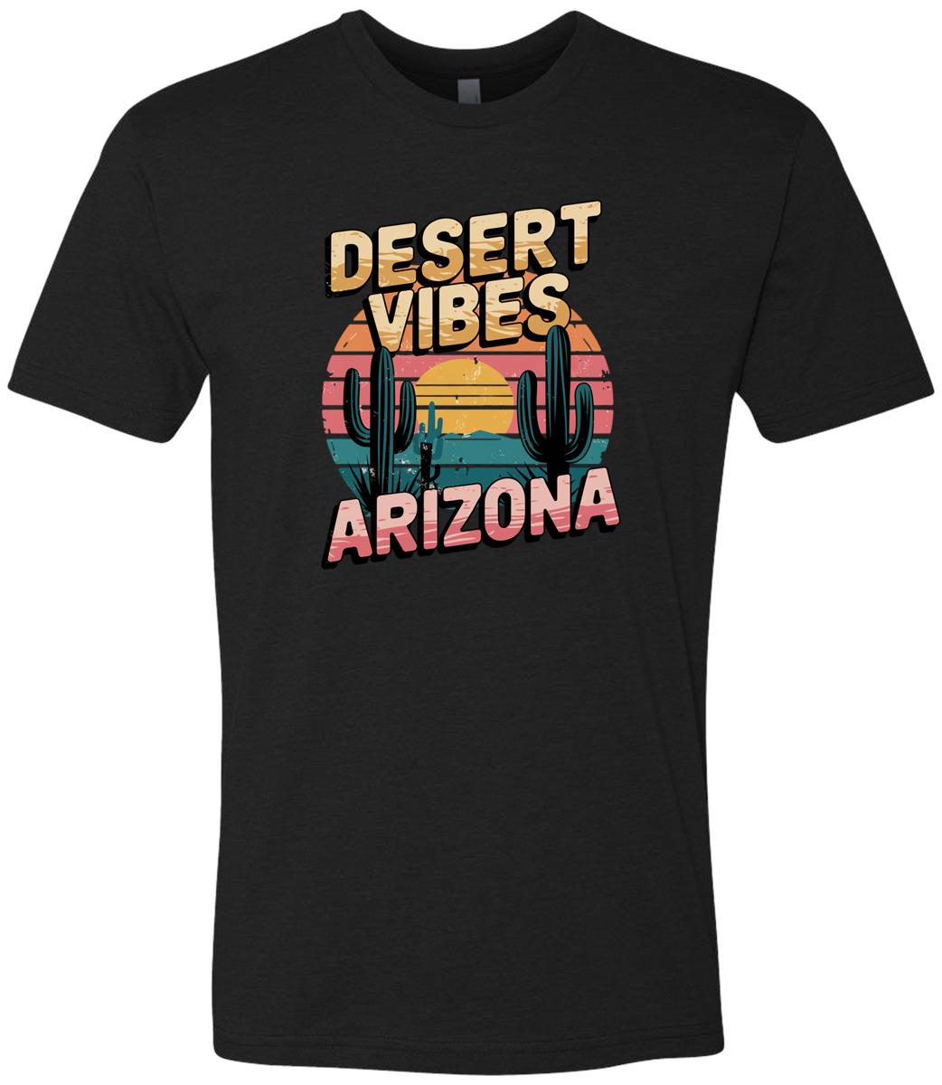 A black-colored crewneck t-shirt with the text 'DESERT VIBES ARIZONA' printed on the front.