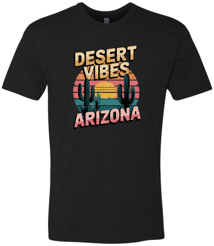 A black-colored crewneck t-shirt with the text 'DESERT VIBES ARIZONA' printed on the front.