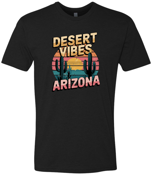 A black-colored crewneck t-shirt with the text 'DESERT VIBES ARIZONA' printed on the front.