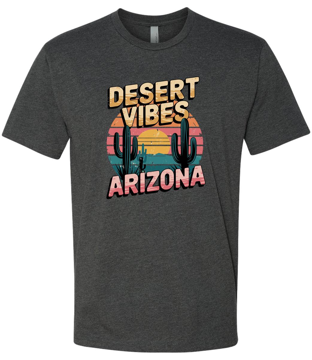 A charcoal-colored crewneck t-shirt with the text 'DESERT VIBES ARIZONA' printed on the front.