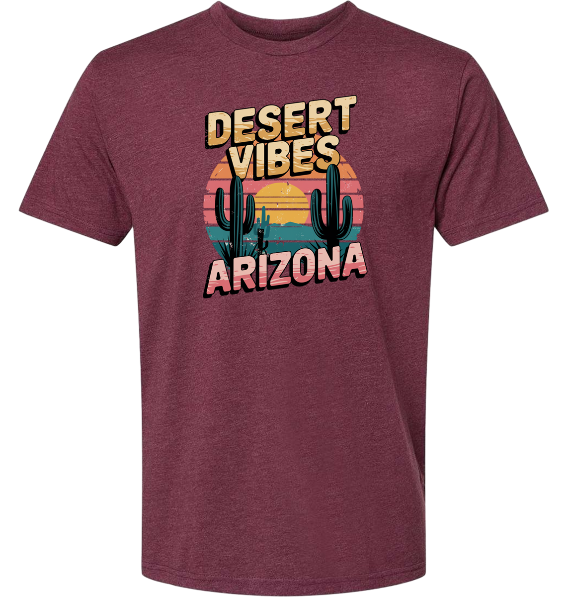 A maroon-colored crewneck t-shirt with the text 'DESERT VIBES ARIZONA' printed on the front.