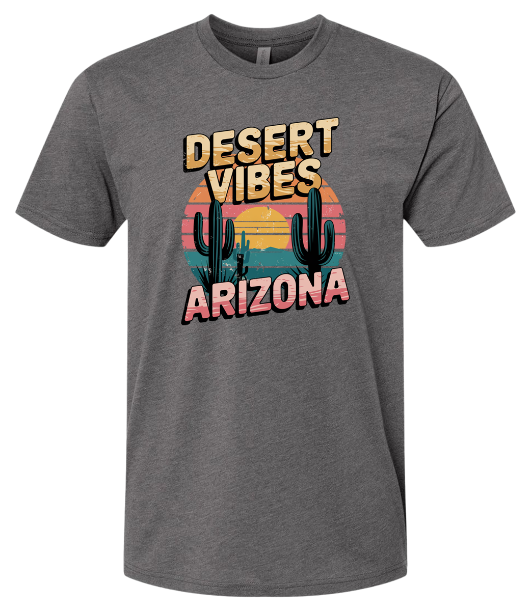 A Heavy Metal_colored crewneck t-shirt with the text 'DESERT VIBES ARIZONA' printed on the front.