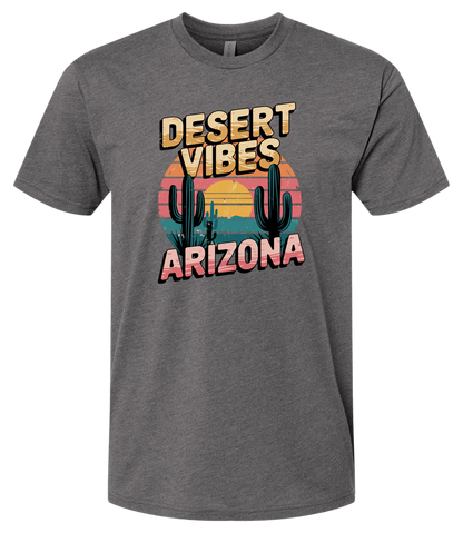 A Heavy Metal_colored crewneck t-shirt with the text 'DESERT VIBES ARIZONA' printed on the front.