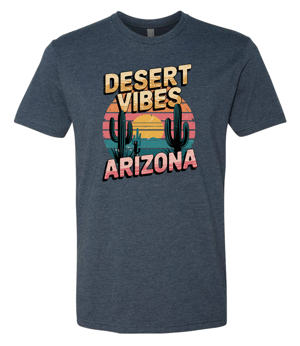 A MidnightNavy-colored crewneck t-shirt with the text 'DESERT VIBES ARIZONA' printed on the front.