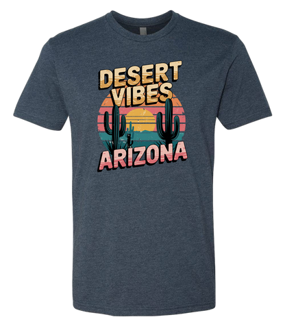A MidnightNavy-colored crewneck t-shirt with the text 'DESERT VIBES ARIZONA' printed on the front.