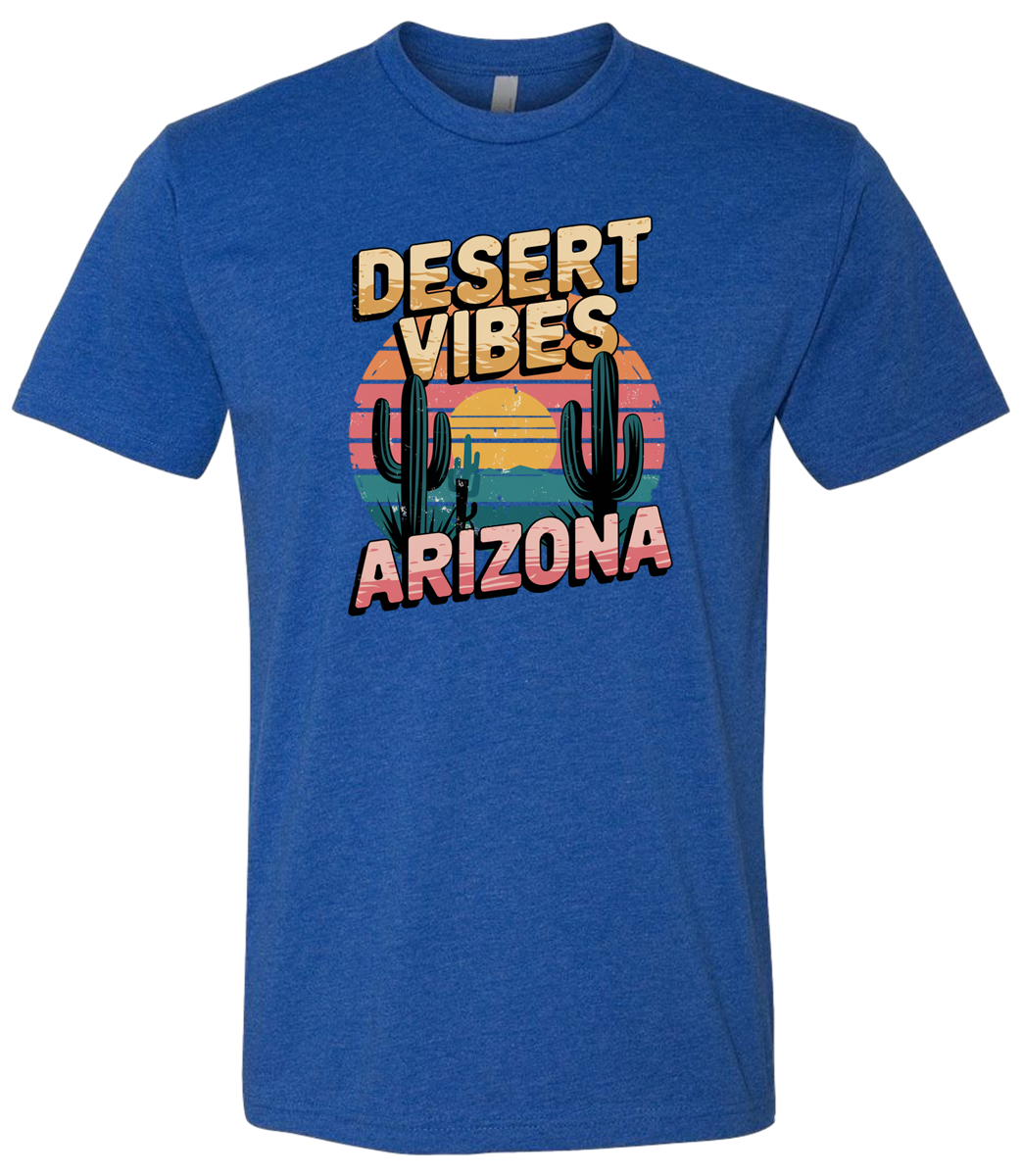 A Royal-colored crewneck t-shirt with the text 'DESERT VIBES ARIZONA' printed on the front.