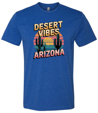 A Royal-colored crewneck t-shirt with the text 'DESERT VIBES ARIZONA' printed on the front.