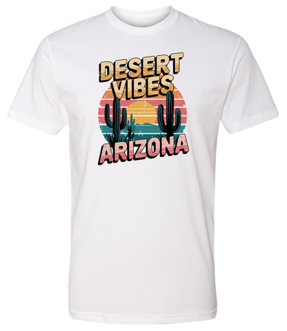 A white-colored crewneck t-shirt with the text 'DESERT VIBES ARIZONA' printed on the front.