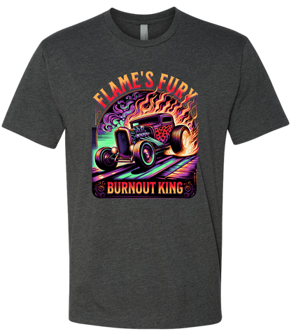 A charcoal -shirt with a colorful graphic design featuring a car and the text 'Flame's Fury Burnout King'.