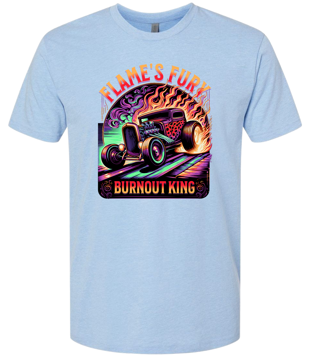 A columbia blue t-shirt with a colorful graphic design featuring a car and the text 'Flame's Fury Burnout King'.