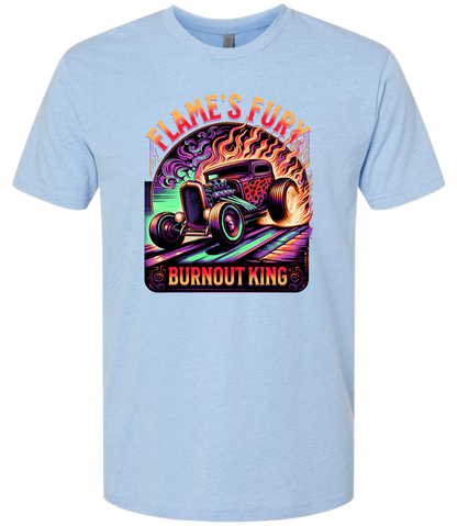 A columbia blue t-shirt with a colorful graphic design featuring a car and the text 'Flame's Fury Burnout King'.