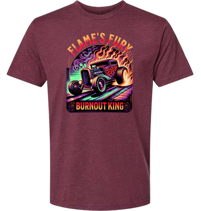 A heather maroon t-shirt with a colorful graphic design featuring a car and the text 'Flame's Fury Burnout King'.