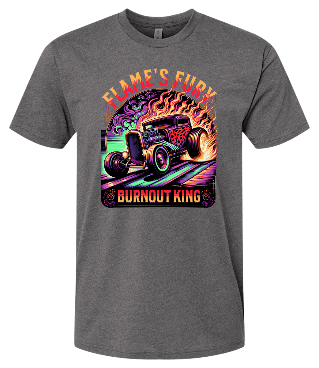 A heavy metal t-shirt with a colorful graphic design featuring a car and the text 'Flame's Fury Burnout King'.