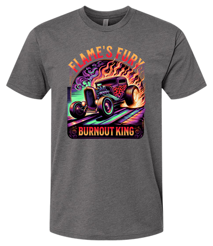 A heavy metal t-shirt with a colorful graphic design featuring a car and the text 'Flame's Fury Burnout King'.